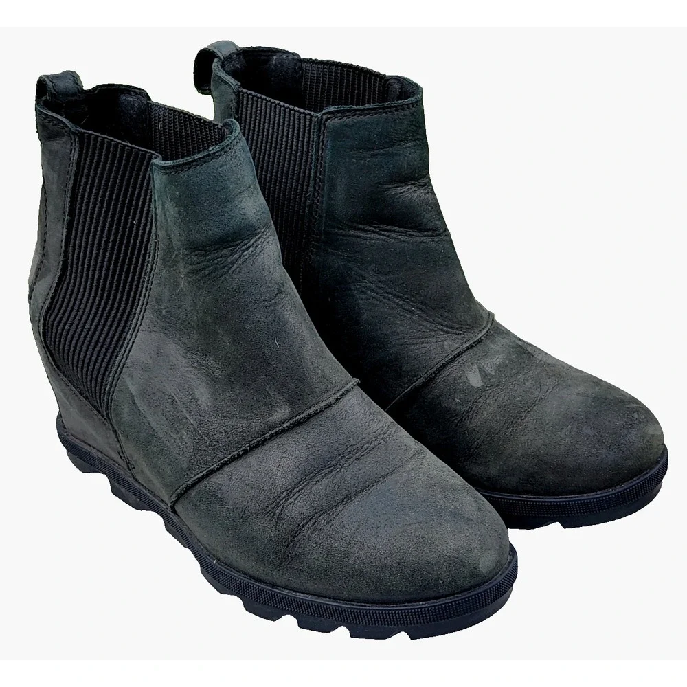 SOREL Joan of Arctic Wedge II Booties slip on Ankle Black Leather Sz‎ 8 NL3022